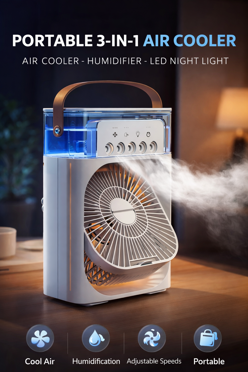💨🧊 Strong adjustable Portable 3-in-1 Mini Air Cooler – Personal Cooling Fan, Humidifier & LED Night Light (USB Powered