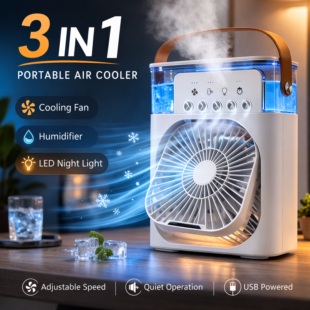 💨🧊 Strong adjustable Portable 3-in-1 Mini Air Cooler – Personal Cooling Fan, Humidifier & LED Night Light (USB Powered